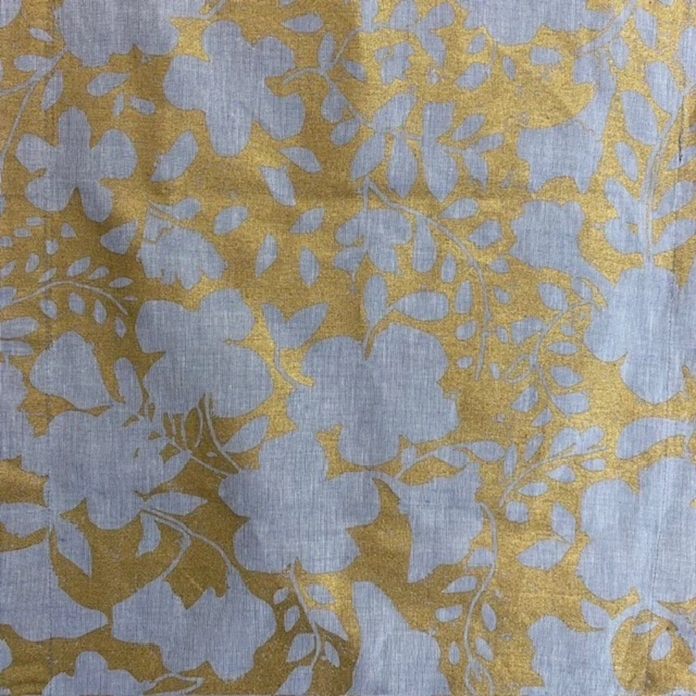 Crate &‎ Barrel Winter Floral Table Runner 14x90 Gold Gray Linen Cotton Metallic